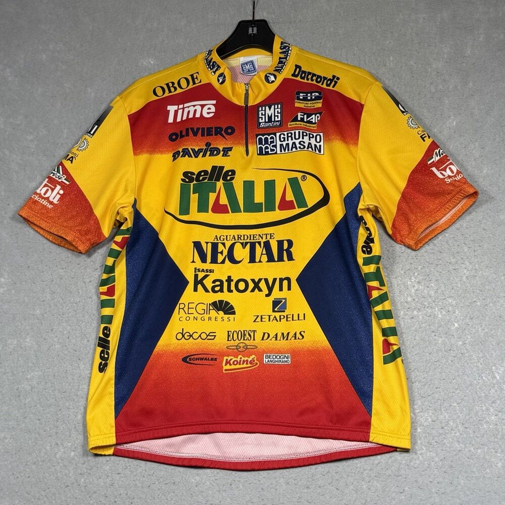 Vintage Santini Cycling Shirt Mens Medium Yellow Red Blue Colorblock Half Zip